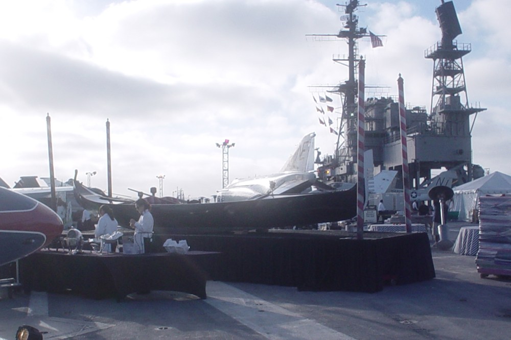 Venetian gondola prop rental used as a decorative display at the USS Midway Museum event in San Diego.