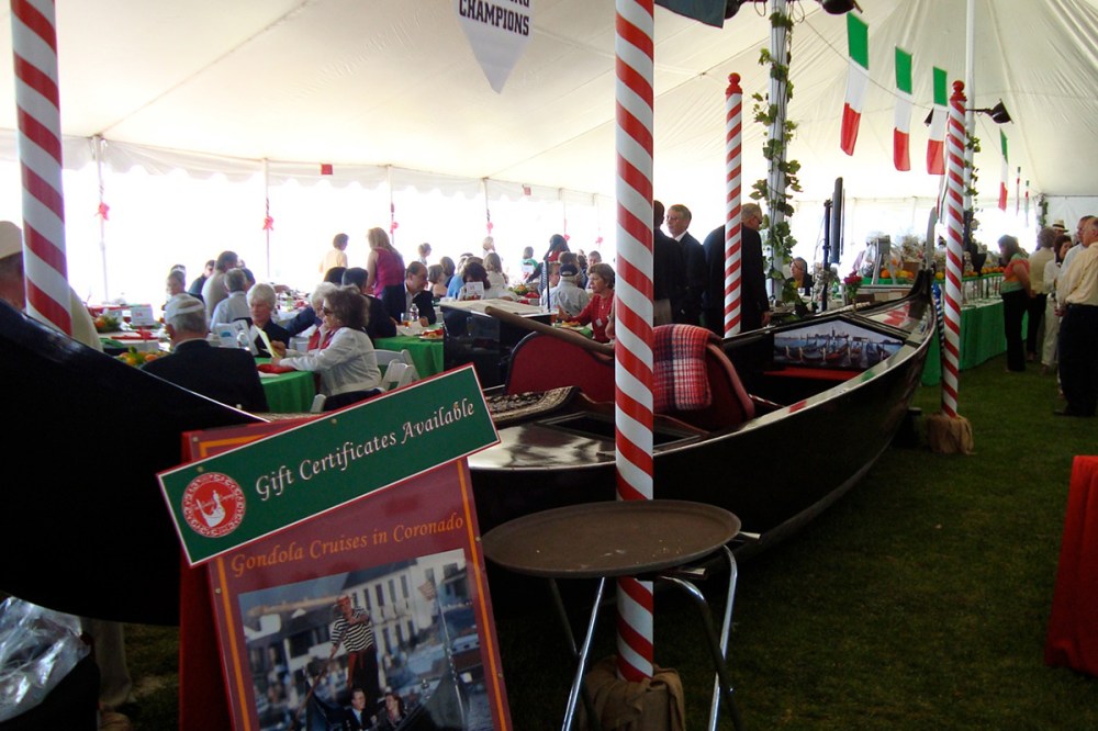 Elegant Venetian gondola rental used as a wedding and party decoration prop in San Diego.