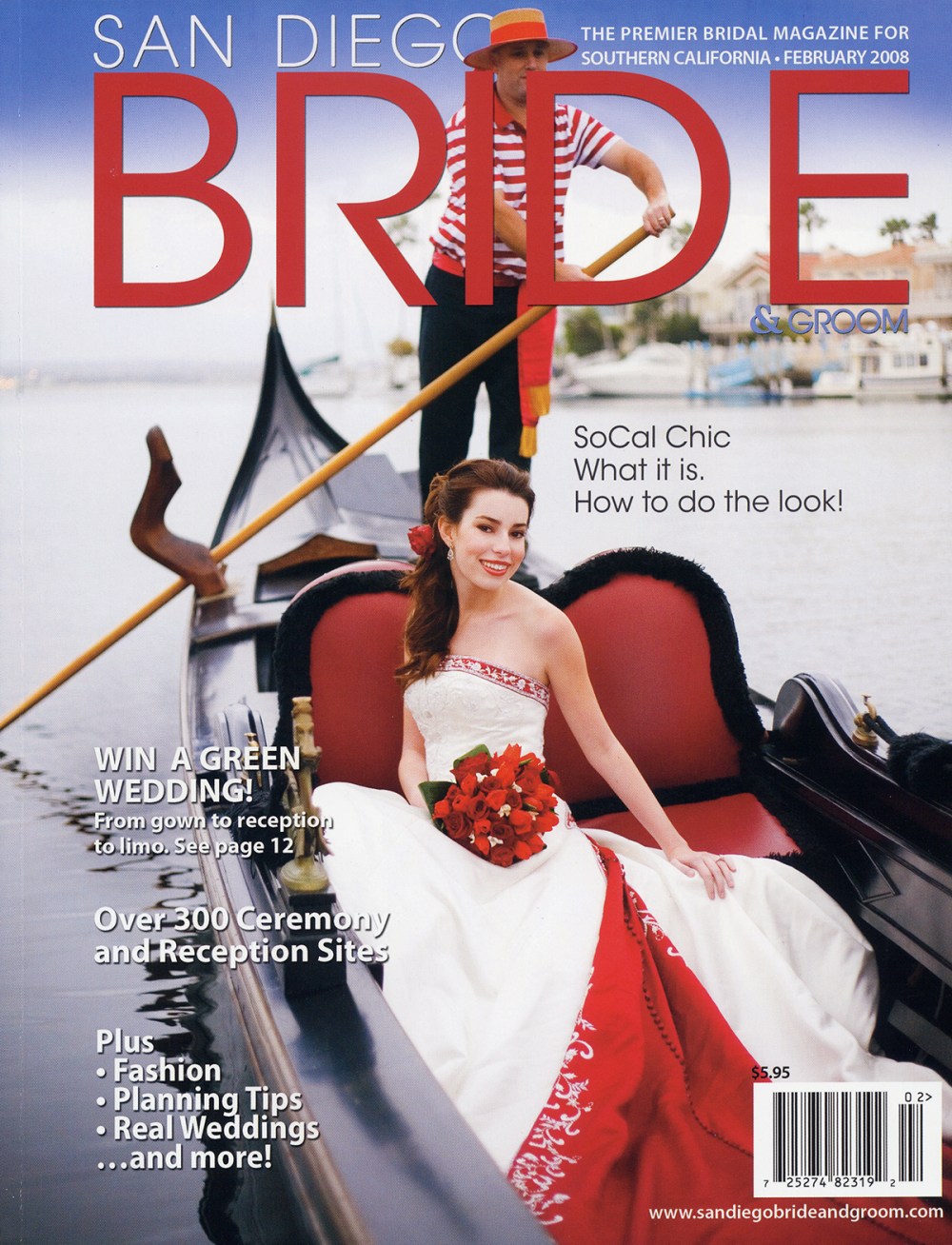 Model dressed as a bride posing on a Venetian gondola rental prop for a wedding photo shoot in San Diego.