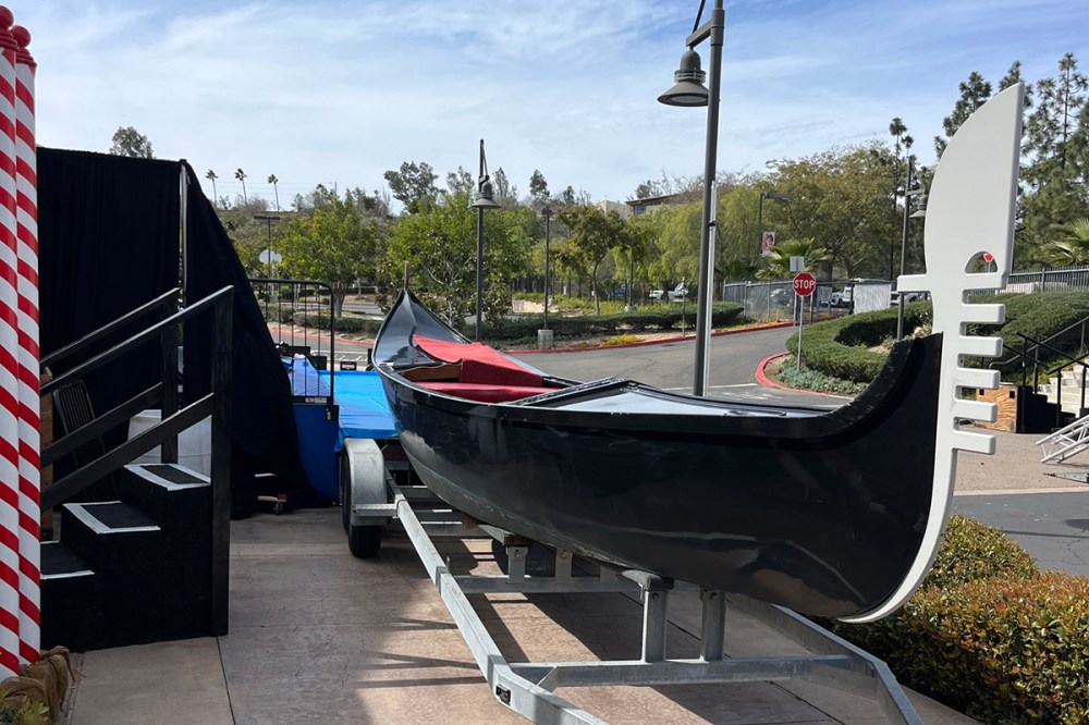 Gondola rental prop for photo shoot and fundraiser event in San Diego — elegant Venetian-style decoration for parties and special events.
