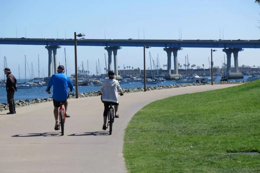 Cyclists riding along the Bayshore Bikeway in Coronado with scenic San Diego Bay views