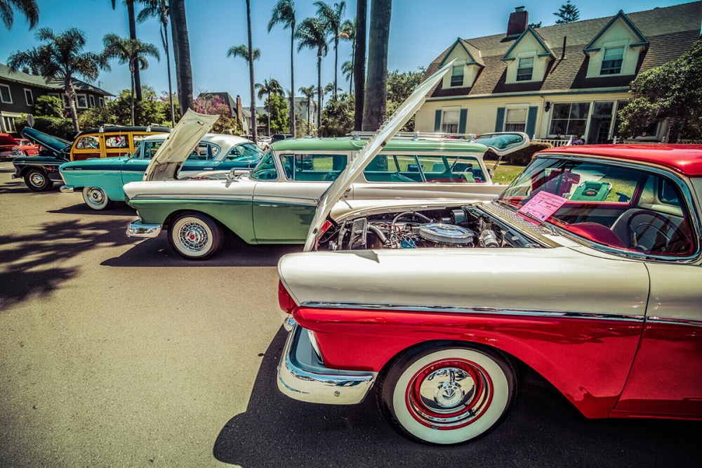 Classic cars lined up during MotorCars on MainStreet event in downtown Coronado