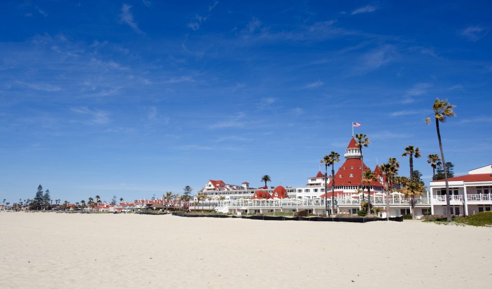 Coronado Beach at sunset with Hotel del Coronado and wide sandy shoreline