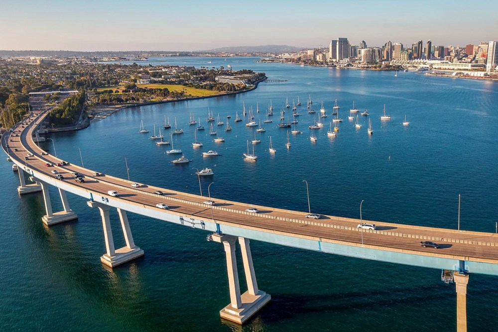 Scenic view of Coronado California coastline and architecture resembling a European seaside town
