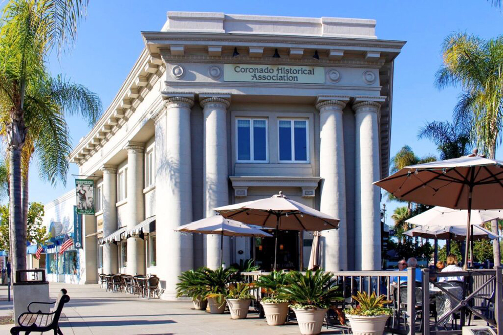 Orange Avenue in Coronado with boutique shops and tree lined street resembling a European village