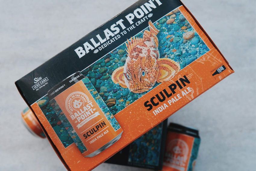 Box of Ballast Point Sculpin India Pale Ale with fish illustration.