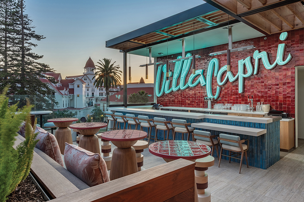 Rooftop bar overlooking downtown Coronado San Diego at sunset